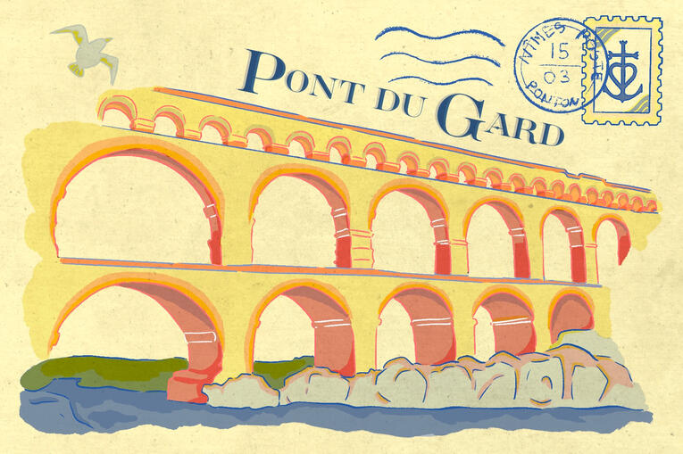 Carte postal dans un style riso avec une représentation graphique des années fin 1890.